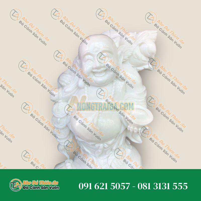 Tượng Phật Di Lặc Gánh Đào Chiêu Tài Lộc, Đá Cẩm Thạch Trắng, Cao 50cm | Khodathienan.com