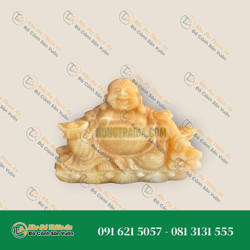 Tượng Di Lặc Ngồi Cầm Thỏi Vàng & Gậy Như Ý, Đá Ngọc Hoàng Long, Dài 15cm | Khodathienan.com