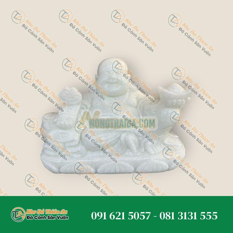 Tượng Di Lặc Ngồi Cầm Thỏi Vàng & Gậy Như Ý, Đá Cẩm Thạch Trắng, Dài 30cm | Khodathienan.com
