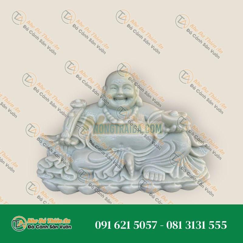 Tượng Phật Di Lặc Cẩm Thạch Trắng Xanh Cầm Thỏi Vàng 30cm – Khodathienan.com