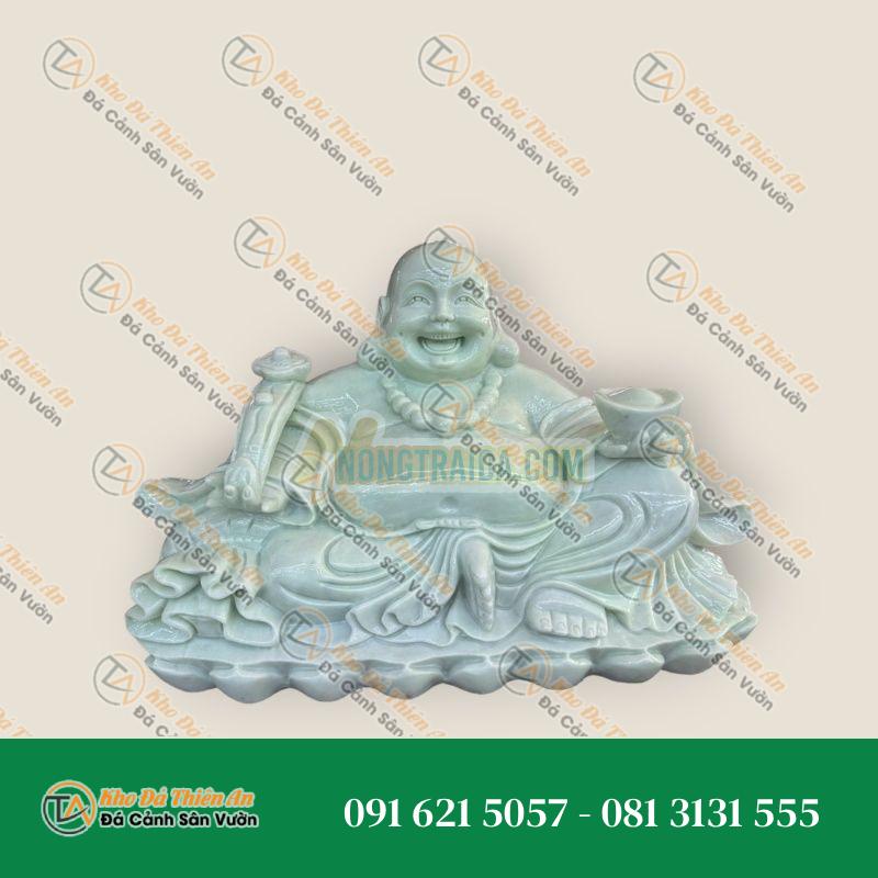 Tượng Di Lặc Ngồi Cầm Thỏi Vàng & Gậy Như Ý, Đá Cẩm Thạch Trắng Xanh, Dài 40cm | Khodathienan.com