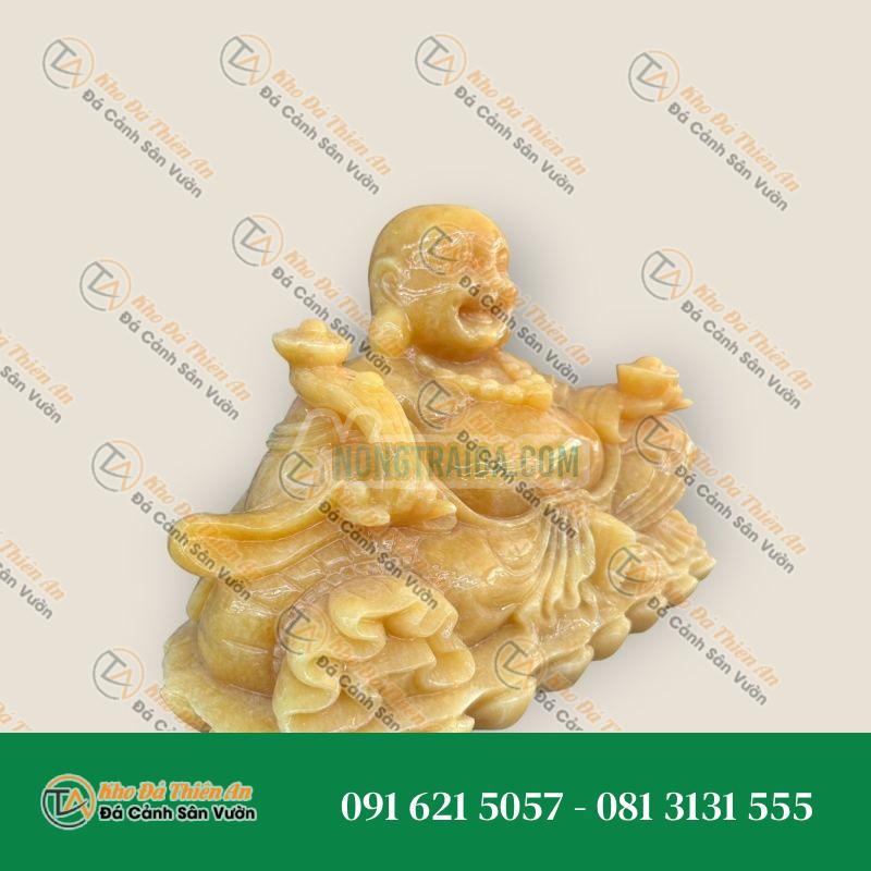 Tượng Phật Di Lặc Tựa Bao Tiền Thỏi Vàng Gậy Như Ý Đá Hoàng Long 30cm – Phong Thủy Thu Hút – Khodathienan.com