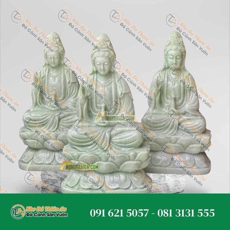 Tượng Phật Mẹ Quan Thế Âm Bồ Tát Ngồi – Đá Trắng Vân Xanh 106cm – Phong Cách Cổ Điển, Uy Nghi | Khodathienan.com