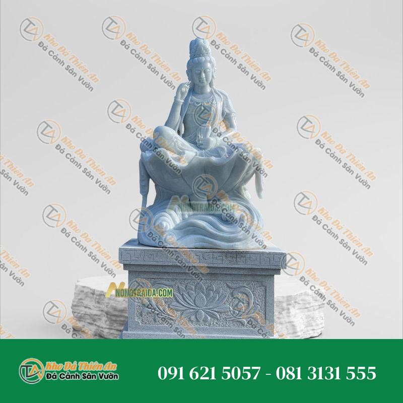 Tượng Phật Quan Âm Tự Tại Ngồi Sen – Đá Trắng Xanh 203cm – Khodathienan.com