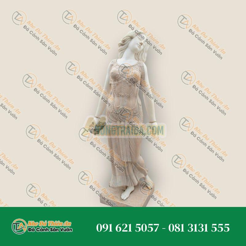 Tượng Phụ Nữ Art Deco Bằng Đá Hồng Bồ Đào Nha & Đá Cẩm Thạch Trắng Carrara
