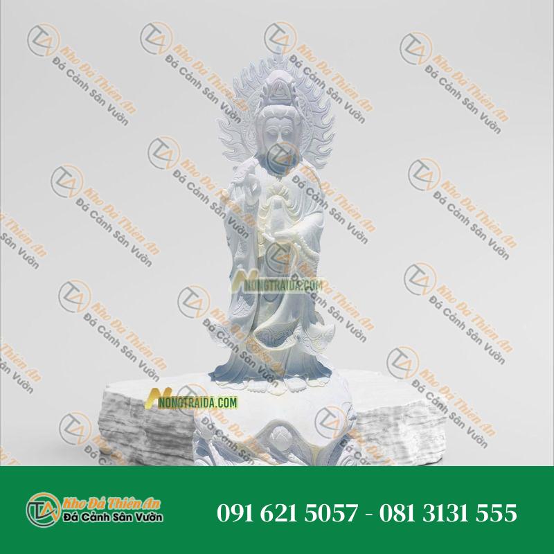 Tượng Quan Âm 3 Mặt Đứng – Đá Trắng Sứ – 157cm – Khodathienan.com
