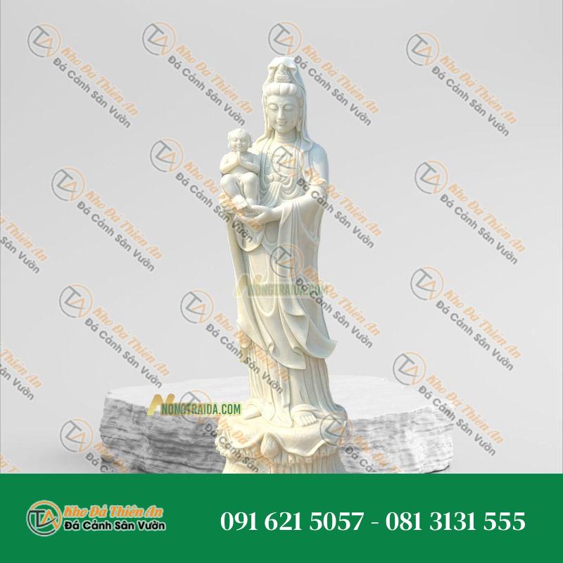 Tượng Quan Âm Tống Tử Đá Trắng Sứ – 210cm – Mang Lại May Mắn, Hạnh Phúc – Khodathienan.com