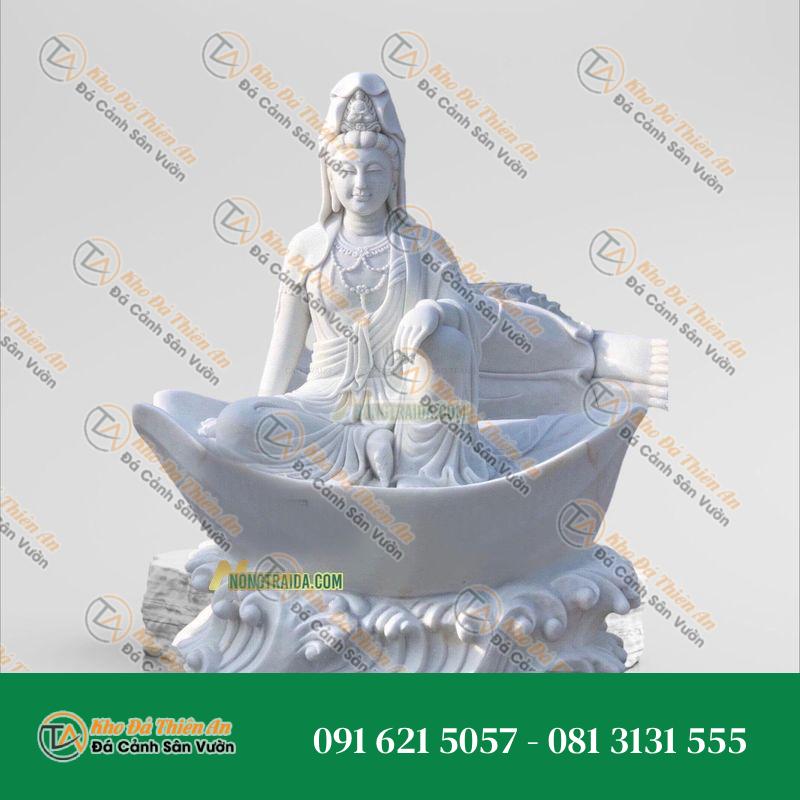 Tượng Quán Tự Tại Bồ Tát Đá Trắng Ngồi Thuyền – 173cm – Khodathienan.com