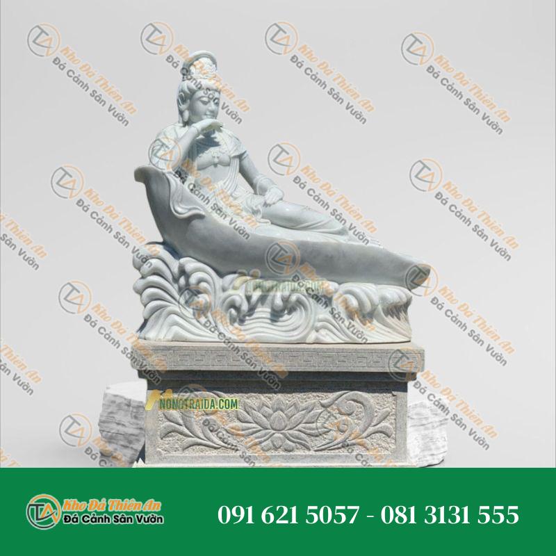 Tượng Quán Tự Tại Ngồi Thuyền – Đá Trắng – Cao 201cm | Khodathienan.com