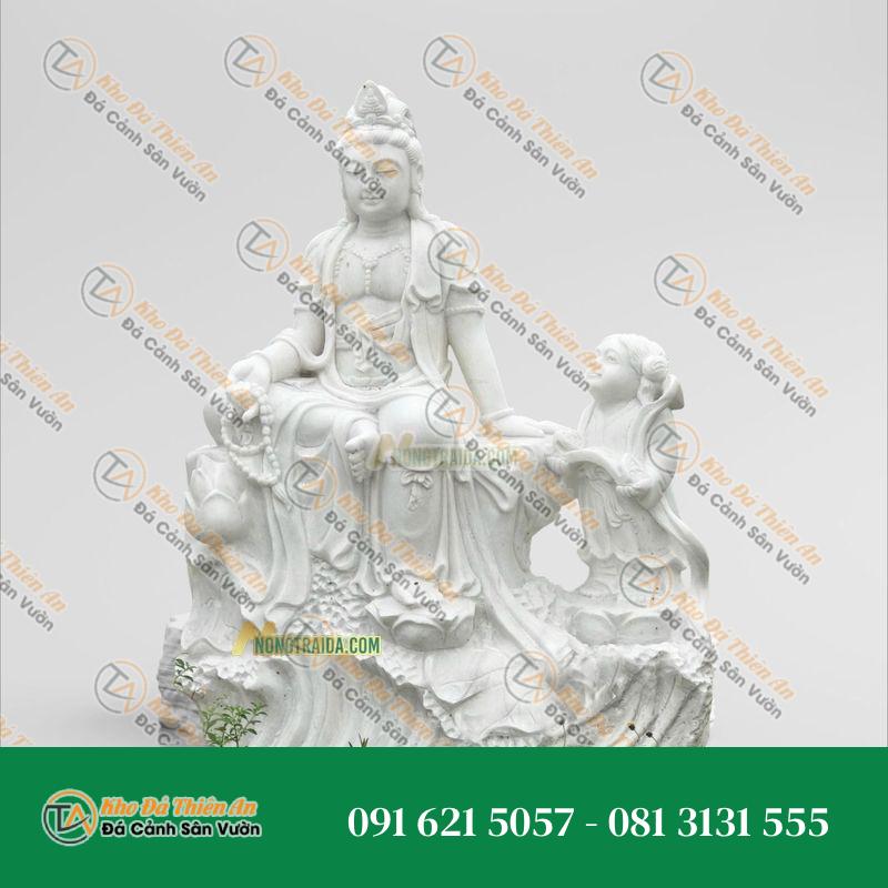 Tượng Quán Tự Tại Bồ Tát & Em Bé Đá Trắng 233cm – Khodathienan.com