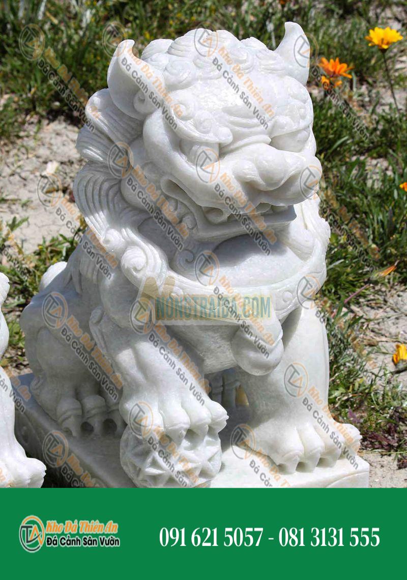 Tượng Sư Tử Foo Dogs Đá Marble Trắng Cao 60.96cm – Bảo Vệ & May Mắn