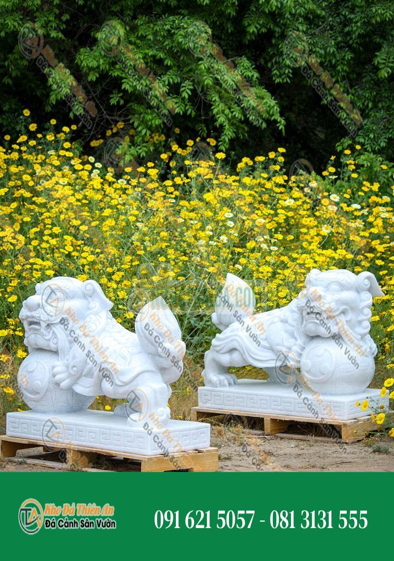 Tượng Sư Tử Foo Dogs Đá Marble Trắng 76.2cm – Bảo Vệ & May Mắn