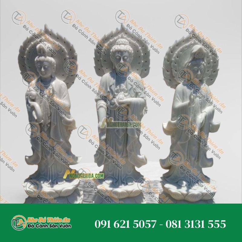 Tượng Tam Thánh Tây Phương Đứng Bằng Đá Trắng Cẩm Thạch – Cao 186cm | Phong Thủy Tài Lộc