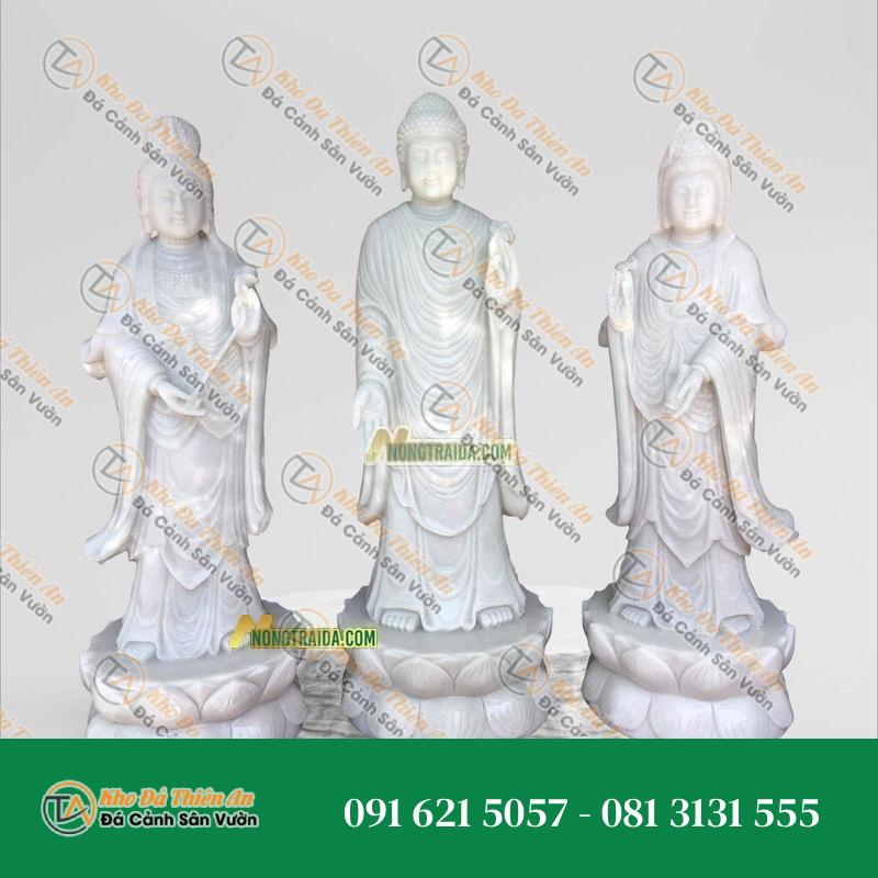 Tượng Tam Thánh Tây Phương Ngồi Bằng Đá Trắng Xanh – Cao 178cm | Quà Tặng Phong Thủy