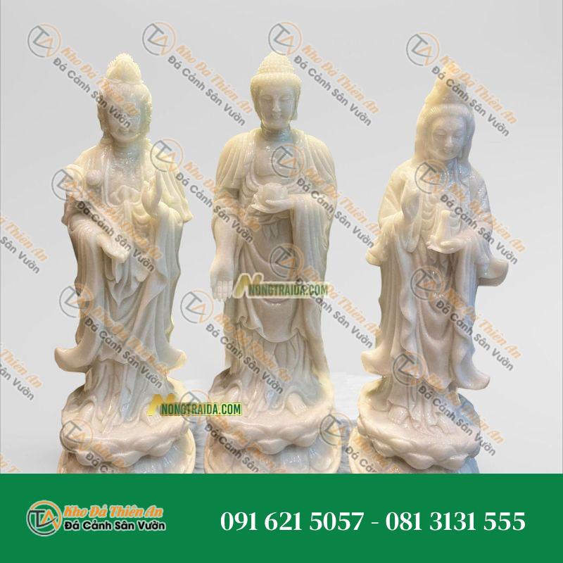 Tượng Tây Phương Tam Thánh Đứng – Đá Trắng Xanh Xám 162cm – Kiểu Dáng Uy Nghi, Thanh Lịch | Khodathienan.com