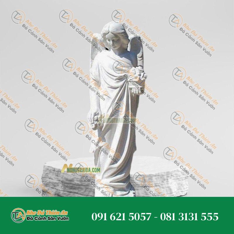 Tượng Thiên Thần Cầm Giỏ Hoa Đá Trắng 170cm – Kiểu Dáng Kiêu Sa | Khodathienan.com