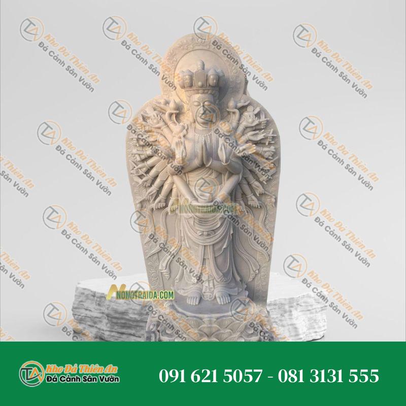 Tượng Thiên Thủ Thiên Nhãn Đứng Đá Cẩm Thạch Trắng Mạ Vàng – Cao 210cm | Phong Thủy Bảo Vệ