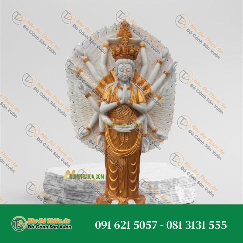 Tượng Thiên Thủ Thiên Nhãn Đứng Đá Trắng Mạ Vàng 180cm, Kiểu Dáng Uy Nghi | Khodathienan.com