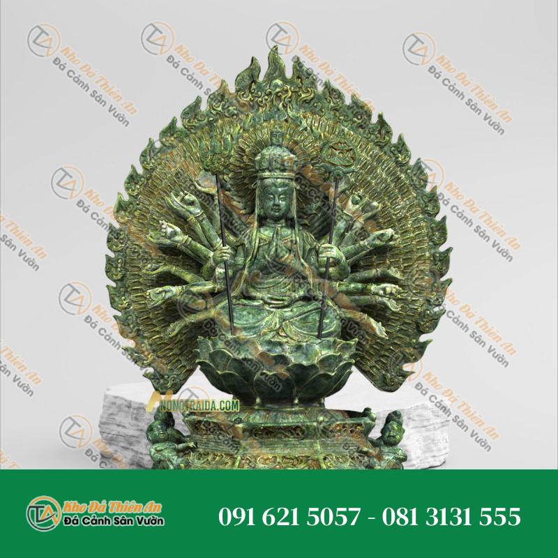 Tượng Thiên Thủ Thiên Nhãn Đá Ngọc Xanh Secpentine Nhỏ 25cm, Kiểu Dáng Độc Đáo | Khodathienan.com