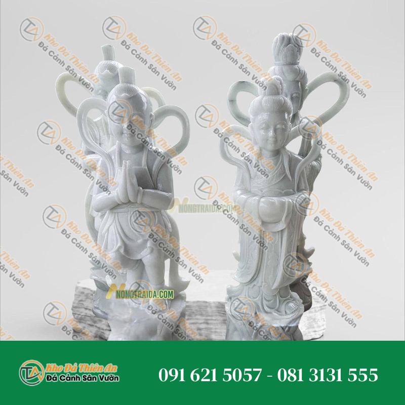 Tượng Tiên Đồng Ngọc Nữ Đá Trắng Cẩm Thạch 152cm – May Mắn, Hạnh Phúc | Khodathienan.com