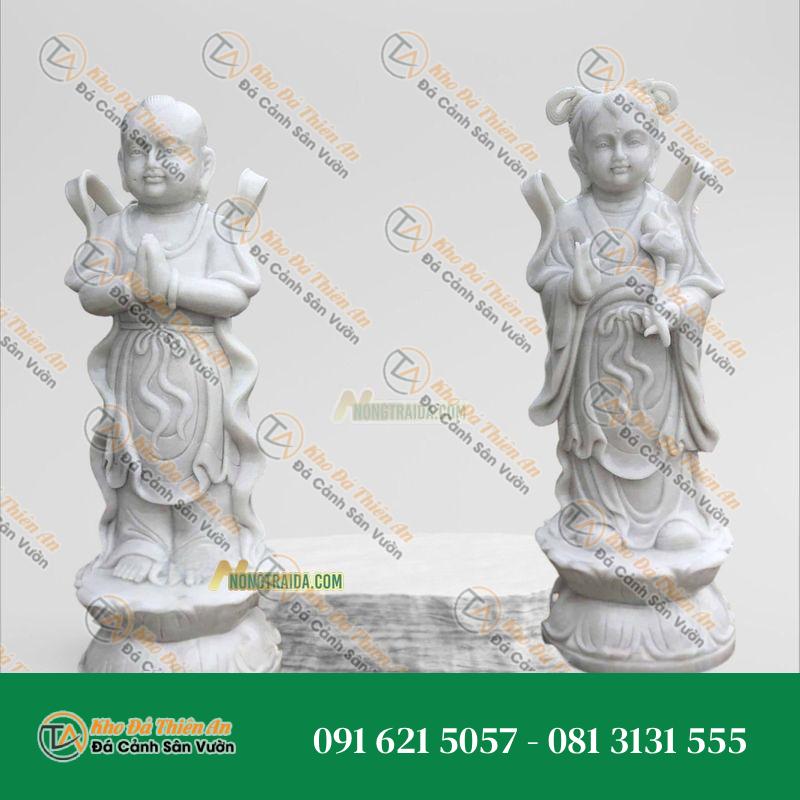 Tượng Tiên Đồng Ngọc Nữ – Đá Trắng Kem 130cm – Kiểu Dáng Tinh Tế, Thanh Lịch | Khodathienan.com