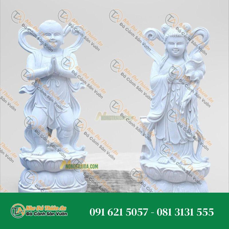 Tượng Tiên Đồng Ngọc Nữ – Đá Trắng Xanh 133cm – Kiểu Dáng Sang Trọng, Nghệ Thuật | Khodathienan.com