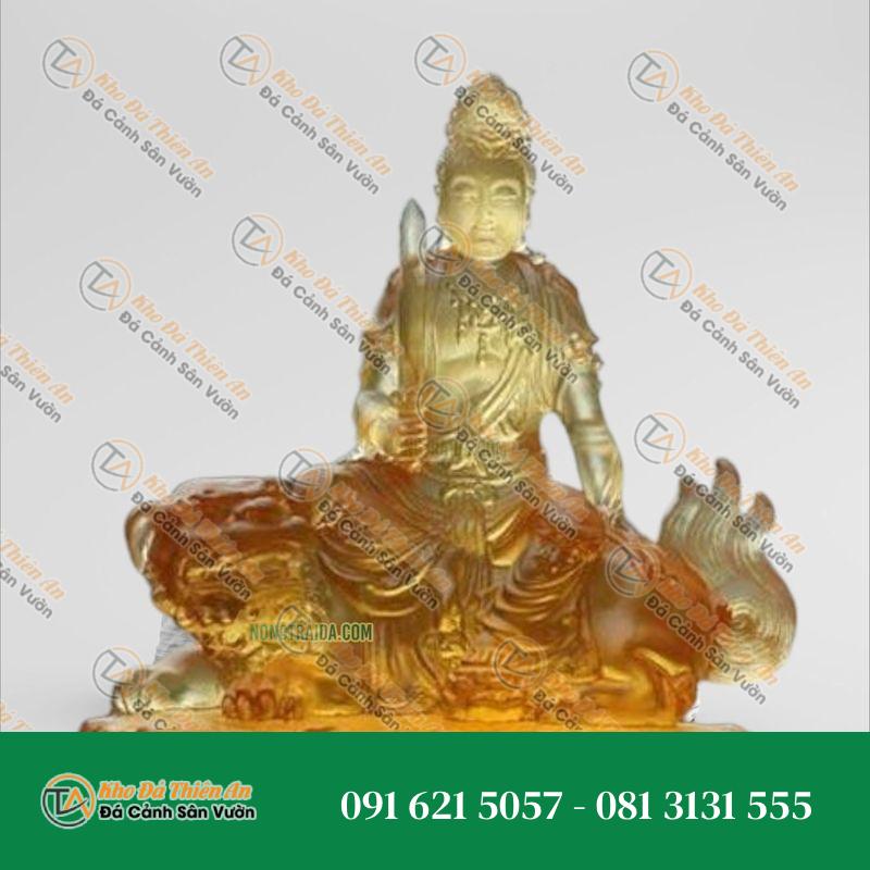 Tượng Văn Thù Bồ Tát Đá Lưu Ly Vàng 12.6cm, May Mắn, An Toàn Cho Xe | Khodathienan.com